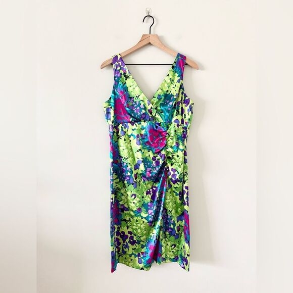 NWT Evan Picone Sleeveless Satin A-Line Dress in Green Multi Abstract - Size 14 - Picture 1 of 8